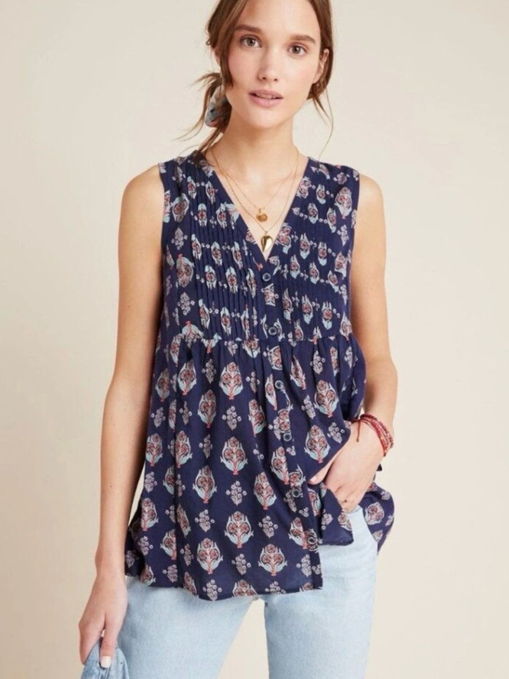 Anthropologie Maeve Floral Tank Top S Pleated Cotton Navy Blue Button Up Boho